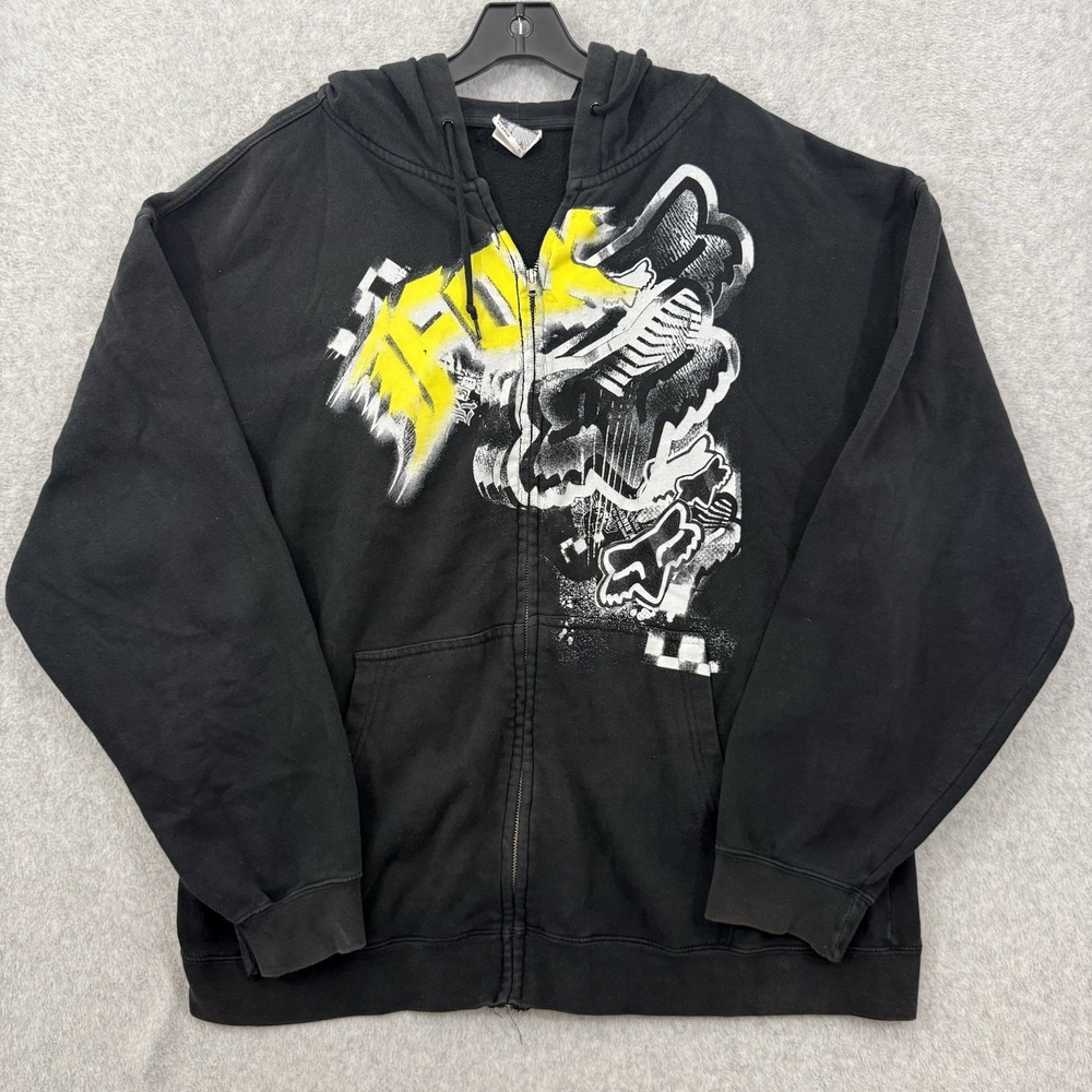 Vintage 90s Fox Racing Hoodie Jacket Men XL Black Full Zip Y2K Motocross Skater